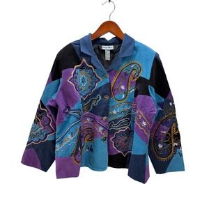 Indigo‎ Moon Embellished Paisley Corduroy Button Jacket 2X Lined Boho Retro